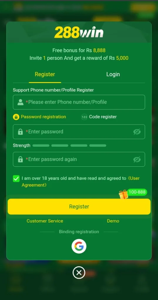 Register an account in the 288Win
