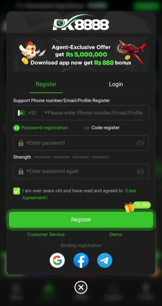 Create an free account in the PK8888 Game App